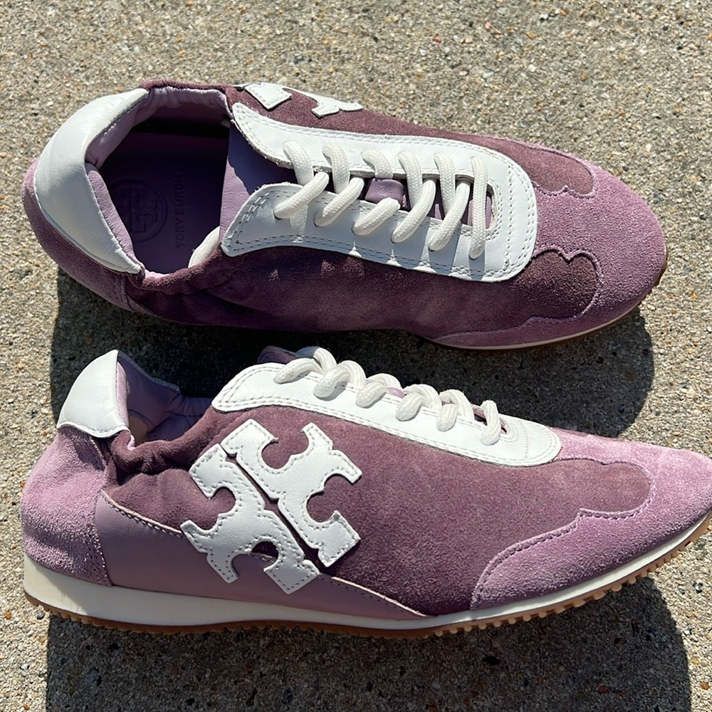 Tory Burch Snow White / Lilac Nylon /Calf Leather suede Tory Sneaker Size 5 NEW